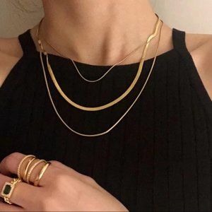 NEW 18K Gold 3 Pcs/Set Wide Flat Layered Necklace